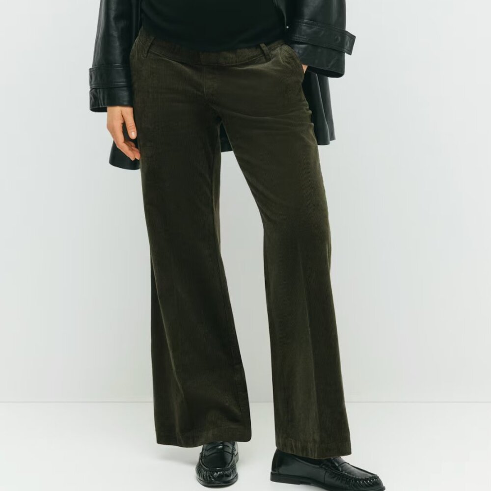 H&M MAMA Flared Corduroy Pants - Khaki Green, M